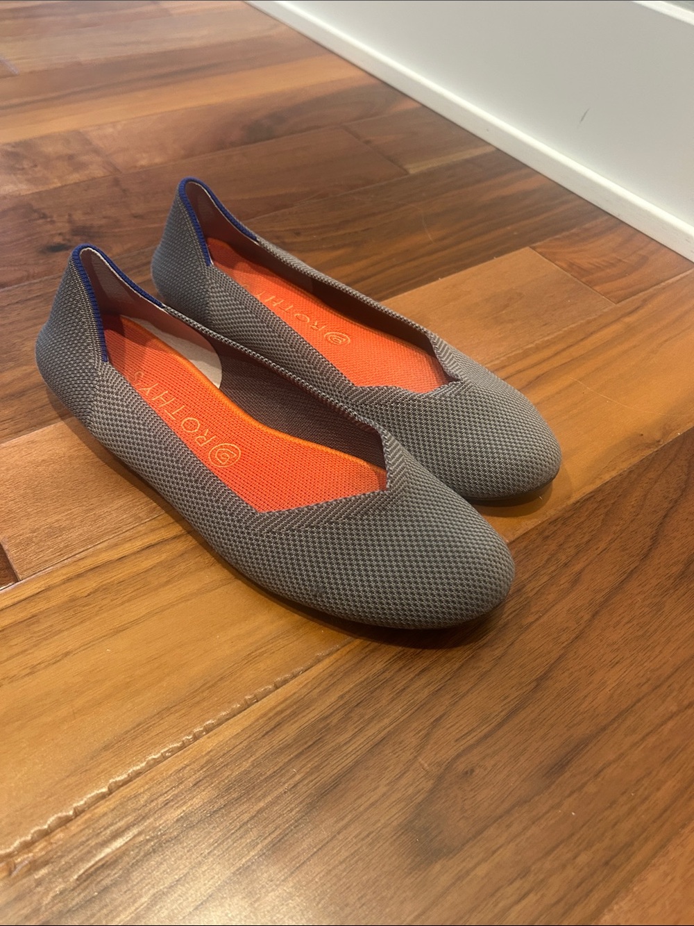 Rothy's Gray Ballet Flats with Orange Insole and Blue Trim